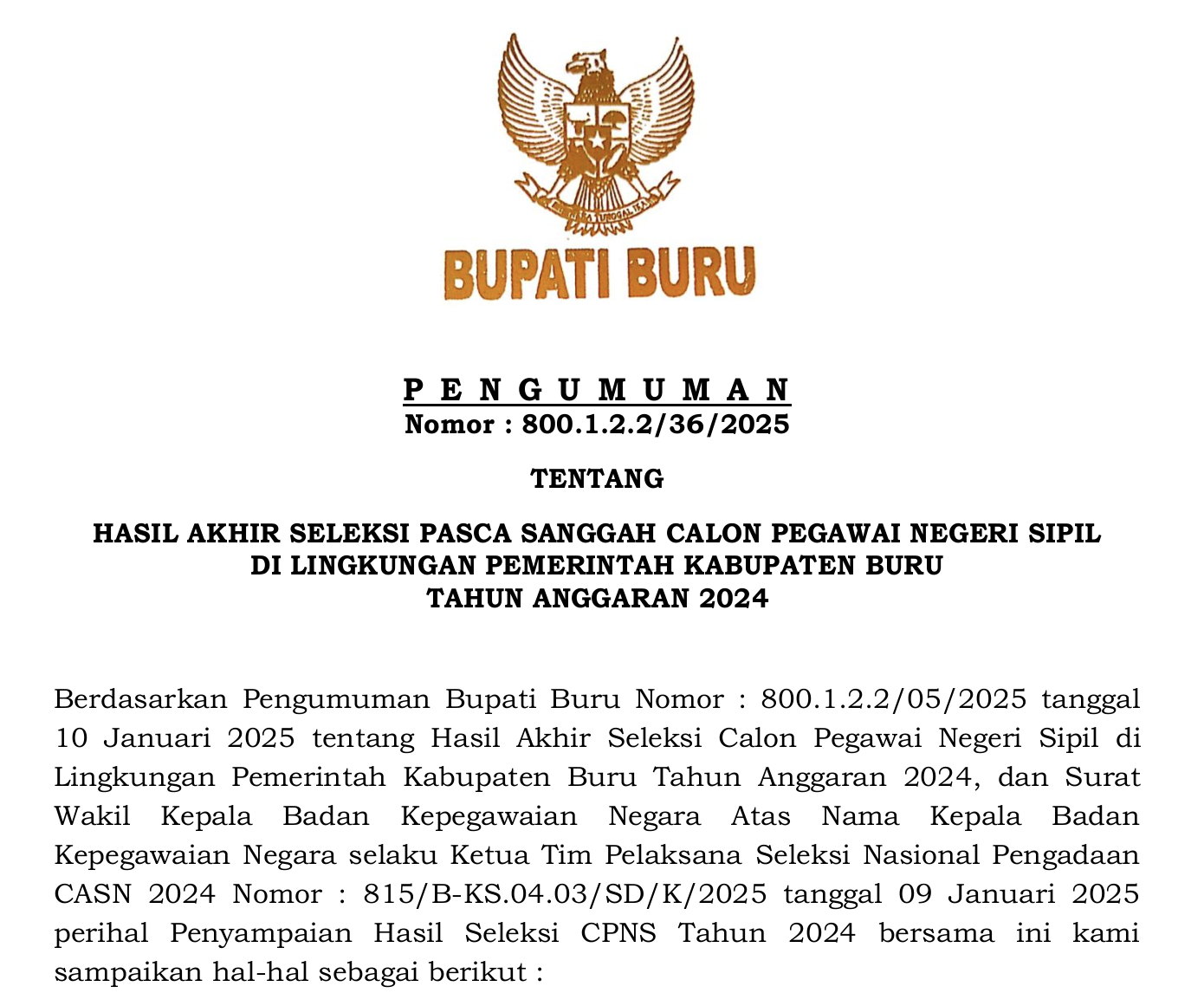 HASIL AKHIR SELEKSI PASCA SANGGAH CPNS KAB. BURU T.A. 2024