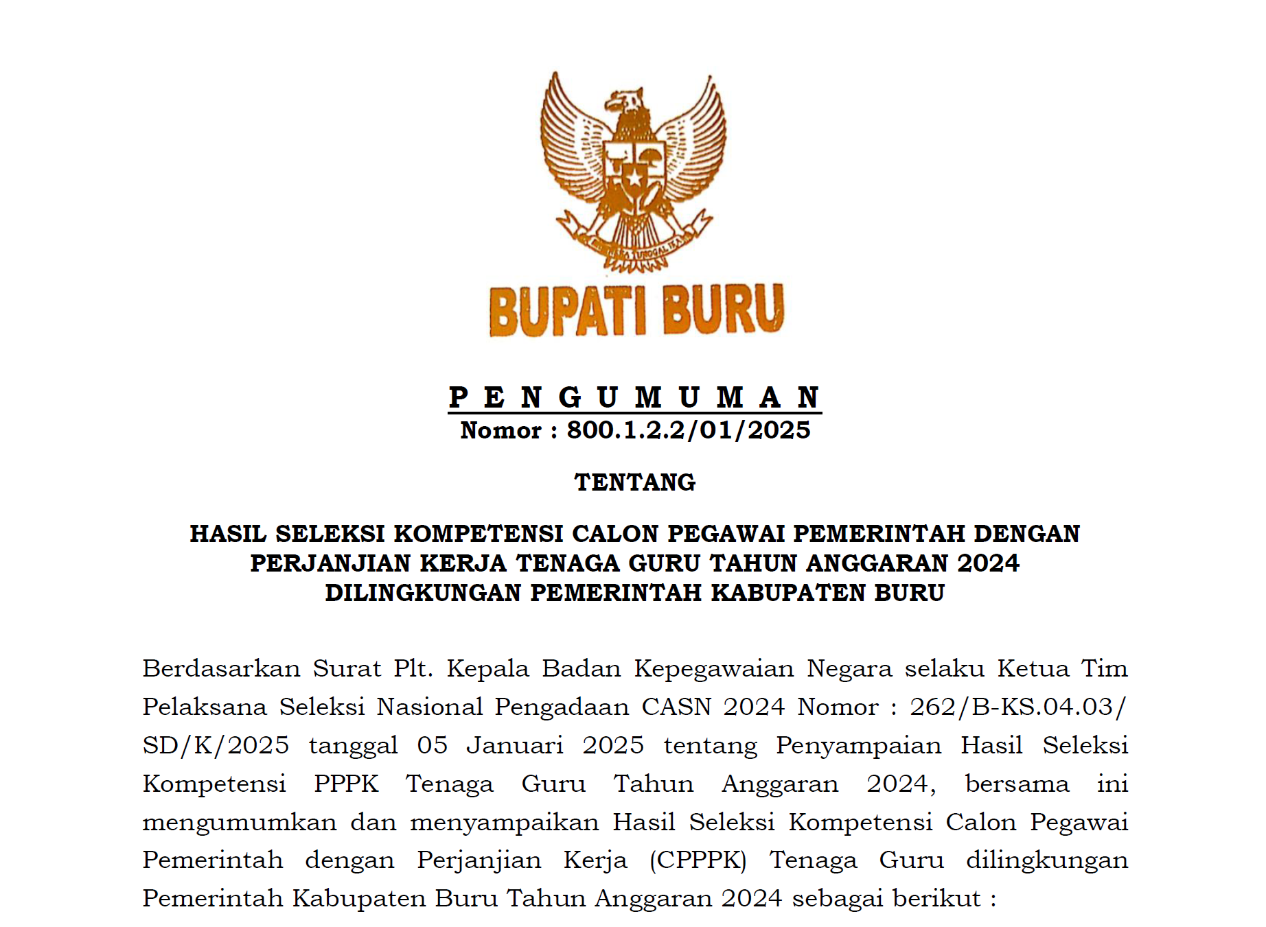 HASIL SELKOM CALON PPPK TENAGA GURU T.A. 2024 KAB. BURU