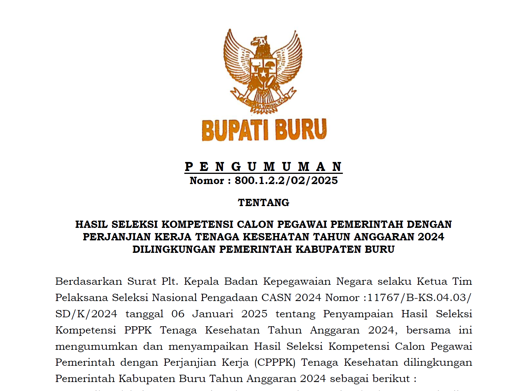 HASIL SELKOM CALON PPPK TENAGA KESEHATAN T.A. 2024 KAB. BURU
