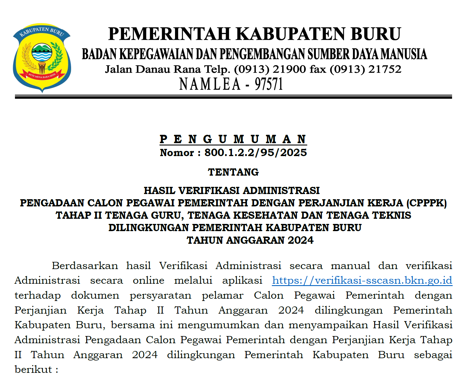 HASIL VERIFIKASI ADMINISTRASI PENGADAAN CPPPK TAHAP II TENAGA GURU , TENAGA KESEHATAN DAN TENAGA TEKNIS KAB. BURU T.A. 2024